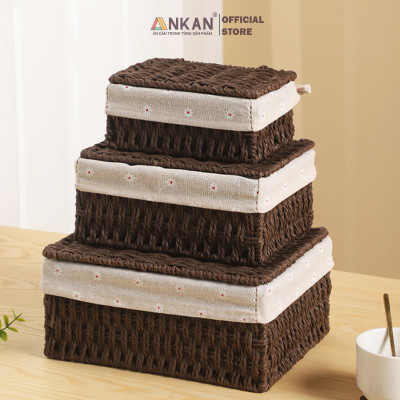 Giỏ Mây Có Nắp Đựng Đồ, Đựng Mỹ Phẩm, Đựng Đồ Ăn Vặt Để Bàn, Decor Chụp Ảnh Sản Phẩm Lót Vải Vintage