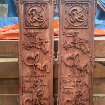 TRANH Cặp câu đối khắc chữ cha mẹ gỗ hương đá kt 30×97×3.5cm 