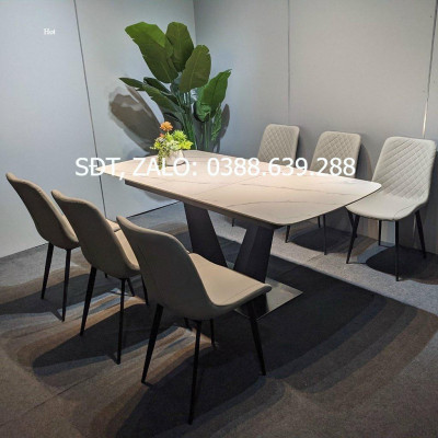 Bàn ăn mặt đá phiến thông minh kéo dài chân chữ V kết hợp ghế Nelson