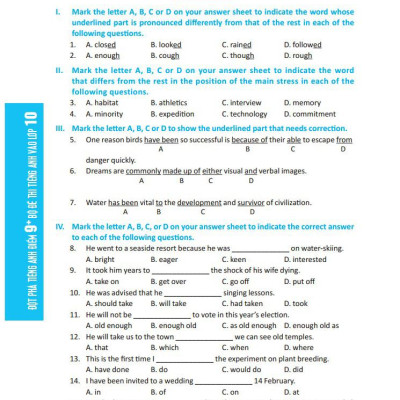 Đột Phá Điểm 9+ Tiếng Anh - Bộ Đề Thi Tiếng Anh Vào Lớp 10 - Có Đáp Án