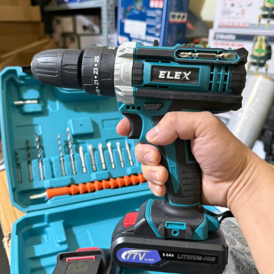 Máy khoan pin 77V Elex 3 chức năng có búa - Tặng kèm 24 chi tiết gồm các mũi khoan + Mũi bắt vít..
