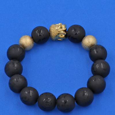 Vòng tay Thạch Anh Đen Khắc Phật Chú Chữ Mờ 14 ly - Vòng tay Phật A Di Đà inox vàng VTAEPMNLVHB14 - hợp mệnh Mộc, mệnh Thủy - Vòng đeo tay size lớn