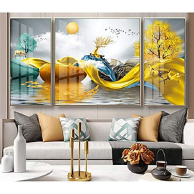 Bộ ba tranh tráng gương hươu vàng cao cấp