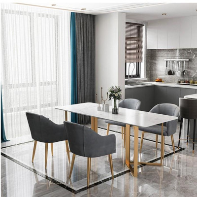 Bàn ăn vân đá cẩm thạch màu trắng - Bàn ăn chân chữ V kim loại mạ nhũ vàng đồng LUX-BGA05