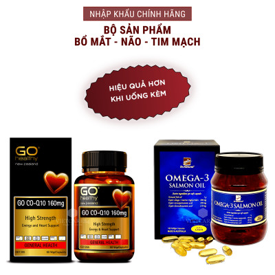 Bộ Sản Phẩm Giúp Bổ Mắt, Bổ Não, Bổ Tim Mạch: Viên Uống Dầu Cá Hồi Omega 3 Salmon Oil 180 Viên, Viên Uống Bổ Tim Go Co Q10 160mg 30 Viên
