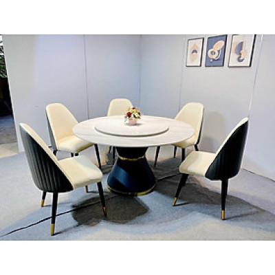 Bộ bàn ăn thông minh mặt đá phiến tròn mâm xoay kết hợp ghế Moca