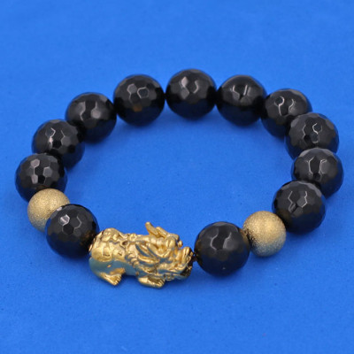 Vòng tay Thạch Anh Đen Cắt Giác 12 ly - cẩn Tỳ Hưu Phong Thủy inox vàng VTAEGTHHBV12 - hợp mệnh Mộc, mệnh Thủy