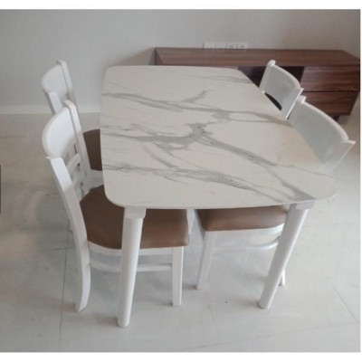 Bàn ghế ăn gỗ cao su (bàn 120cm chân tròn +4 ghế mango mặt nệm)