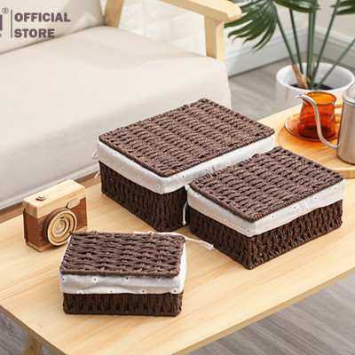 Giỏ Mây Có Nắp Đựng Đồ, Đựng Mỹ Phẩm, Đựng Đồ Ăn Vặt Để Bàn, Decor Chụp Ảnh Sản Phẩm Lót Vải Vintage