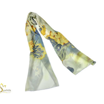 Khăn Lụa in Sen Vàng SenSilk KLDI01 - 100% Mulberry Silk Printed Scarf - Quà Tặng Việt Nam