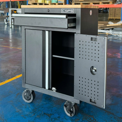 Tủ dụng cụ CSPS 61cm - 01 hộc kéo màu đen bánh xe ván gỗ (tay cầm trắng)