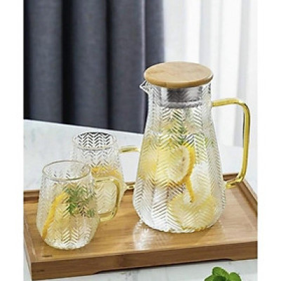 Bộ bình + 6 cốc sần họa tiết lá lúa