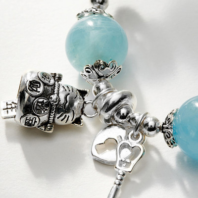 Vòng tay đá aquamarine phối charm mèo bạc size hạt 12mm mệnh thủy, mộc - Ngọc Quý Gemstones