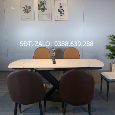 Bộ bàn ăn mặt đá phiến xoay thông minh kéo dài kết hợp ghế monet 