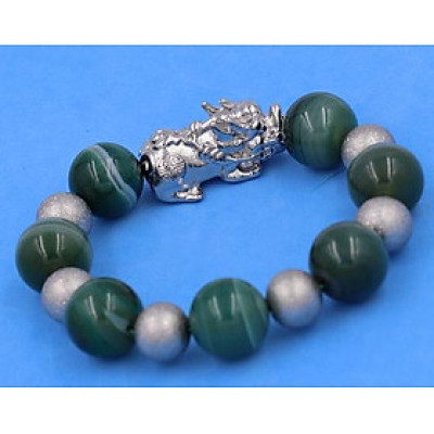 Chuỗi tay Tỳ Hưu inox charm Thạch Anh Xanh Lá Sọc 16 ly phối 6 bi - hợp mệnh Hỏa, mệnh Mộc - Chuỗi size XXL