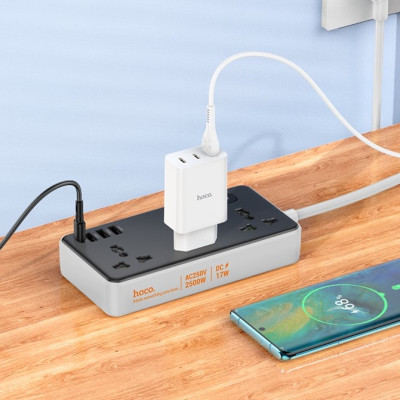 Ổ cắm điện đa năng sạc nhanh PD 17W cổng 1 typeC + 3 cổng USB có 3 lỗ cắm tải 2500W dây dài 1.5m - Hàng chính hãng