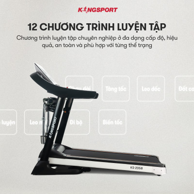 Máy chạy bộ KINGSPORT KS-2058 đa năng, nâng dốc tự động 18%, tốc độ tối đa 18km/h, khung sườn chắc chắn, cân nặng phù hợp từ dưới 80-85kg