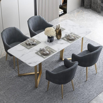 Bàn ăn vân đá cẩm thạch màu trắng - Bàn ăn chân chữ V kim loại mạ nhũ vàng đồng LUX-BGA05