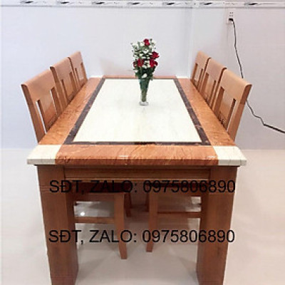 Bộ Bàn ăn gỗ sồi mặt đá Granite 1m4, bộ bàn ăn
