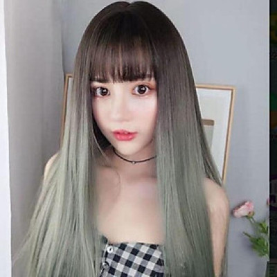 Tóc giả thẳng️ ombre đen xanh xám cao cấp- tặng lưới chùm tóc