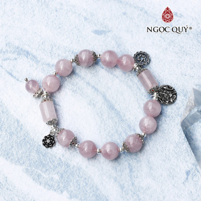 Vòng thạch anh hồng madagascar phối charm sen bạc mệnh hỏa, thổ - Ngọc Quý Gemstones