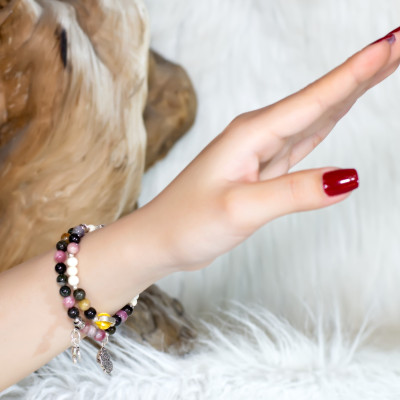 Vòng tay đôi phong thủy đá Tourmaline đa sắc thiên nhiên mix hổ phách AAAAA #VT041