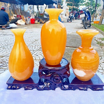 Bộ 3 Lục Bình Lọ Hoa phong thủy đá ngọc hoàng long - Cao 14 cm