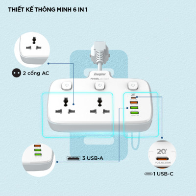 [ Hàng Chính Hãng ] Ổ điện đa năng Energizer EPB2503EU 2 cổng kèm 3USB-A và 1USB-C sạc nhanh PD, chịu tải 2500W