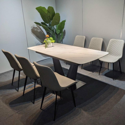 Bàn ăn mặt đá phiến thông minh kéo dài chân chữ V kết hợp ghế Nelson