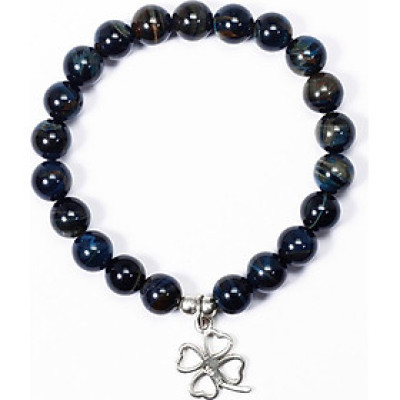  Vòng tay cho bé đá mắt hổ xanh đen charm cỏ 4 lá mệnh thủy, mộc - Ngọc Quý Gemstones