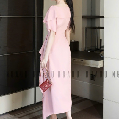 Đầm hồng cổ thuyền vạt xéo NGADO , đầm dài , đầm dự tiệc , sang trọng