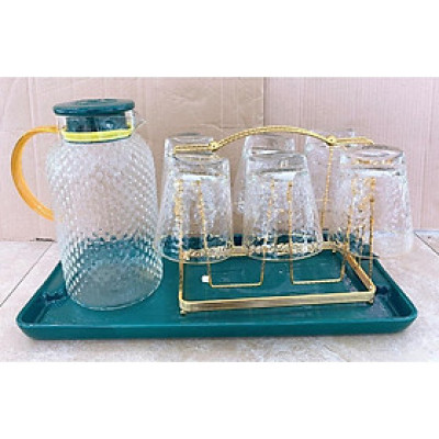 Bộ bình đựng nước 6 cốc loe thấp thủy tinh kèm khay sứ, giá úp cốc kim loại mạ vàng sang trọng