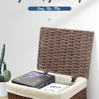 Giỏ Mây Có Nắp Đựng Đồ, Đựng Mỹ Phẩm, Đựng Đồ Ăn Vặt Để Bàn, Decor Chụp Ảnh Sản Phẩm Lót Vải Vintage