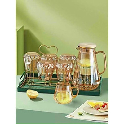 Bộ bình 6 cốc thủy tinh chịu nhiệt màu vàng cao cấp