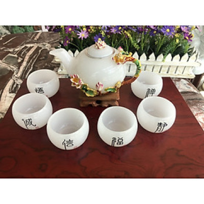 Bộ ấm trà chạm bông hoa sen 