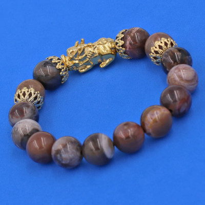 Vòng chuỗi đeo tay Gỗ Hóa Thạch 12 ly - cẩn Tỳ Hưu Phong Thủy inox vàng VGHTTHBKV12