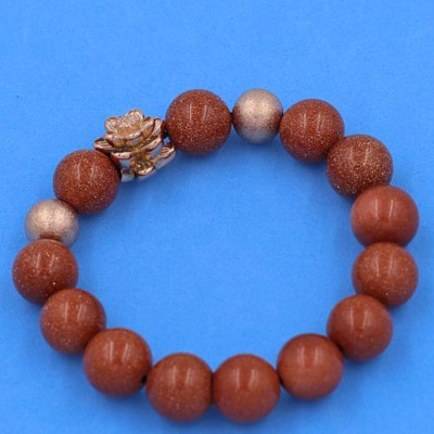 Vòng đeo tay Đá Kim Sa Nâu 12 ly - Vòng Hoa Sen vàng hồng phối 2 bi - hợp mệnh Kim, mệnh Thổ