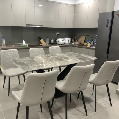 Bộ bàn ăn chân X 1m6 + 6 ghế Nelson Trám mặt đá ceramic bóng  Thương hiệu Nội Thất Bình Long 