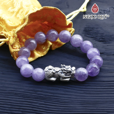 Vòng thạch anh tím ngọc lavender amethyst phối tỳ hưu bạc hạt 12mm mệnh hỏa. thổ - Ngọc Quý Gemstones