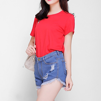 Áo Thun Nữ Trơn Màu Đỏ Tươi Form Basic Tay Ngắn Cổ Tròn