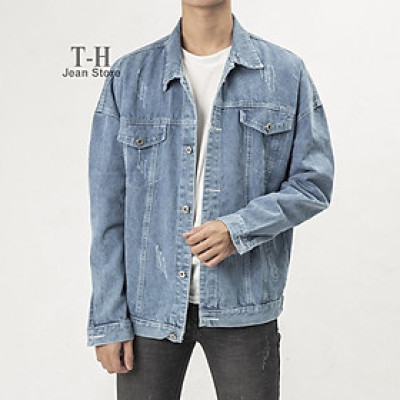 Áo khoác jean nam màu xanh cơ bản cào xước, áo bò thời trang cho nam