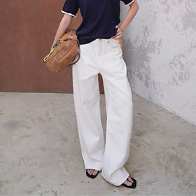 Quần jeans trắng ống rộng lưng cao form suông basic chất dày đứng dáng Marcus Miều Est.2013