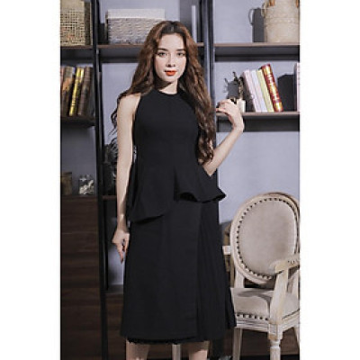 Set Nữ Dáng Peplum Màu Be Cao Cấp 23V057 Pi Style