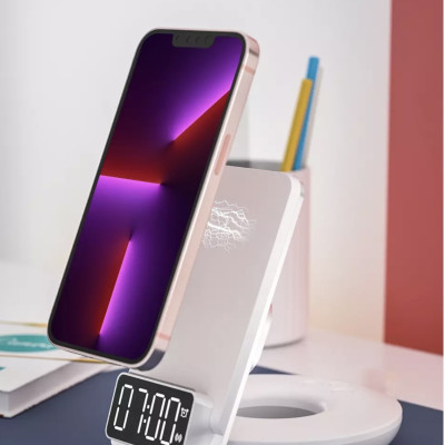 Sạc Wiwu Automatic Positioning 4in1 M11 Cho Iphone, Airpods, Apple Watch hỗ trợ sạc nhanh không dây, sạc có đồng hồ hiện thị giờ - Hàng chính hãng