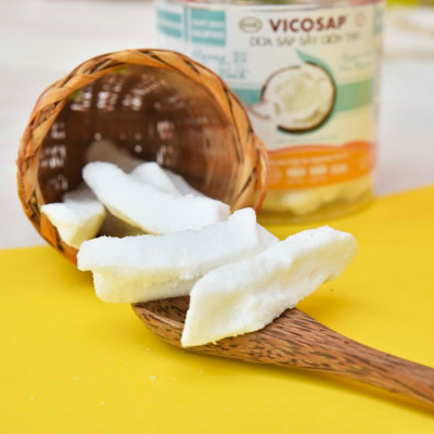 Dừa sáp sấy giòn cao cấp VICOSAP ít đường đồ ăn vặt healthy đặc sản Trà Vinh hộp 50gr