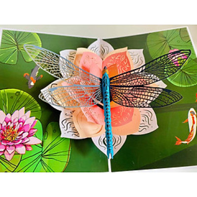 Thiệp 3D Pop Up Chuồn Chuồn & Hoa Sen – Thiệp Nghệ Thuật, Thiệp Chúc Mừng, Sinh Nhật, Độc Đáo, F21