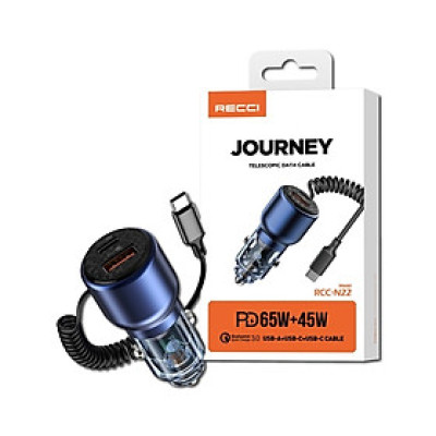 Củ sạc nhanh trên ô tô tích hợp dây Type-C PD65W RECCI RCC-N22 Hàng chính hãng