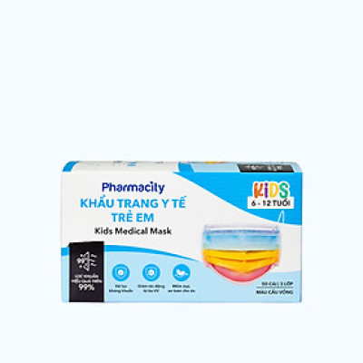 Khẩu trang y tế 3 lớp trẻ em 6-12 tuổi Pharmacity (Hộp 50 cái) màu cầu vồng