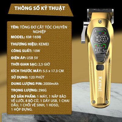 Tông đơ cắt tóc chuyên nghiệp Kemei KM-1698 lưỡi cắt mạ carbon DLC cao cấp công suất siêu mạnh 10W - Chính hãng