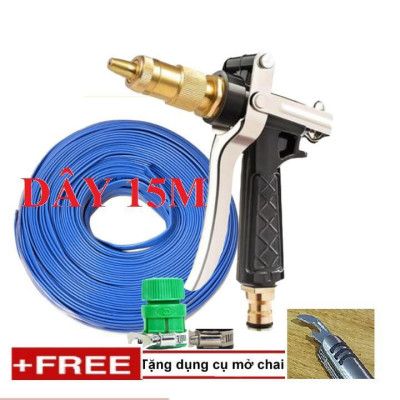 Bộ dây vòi xịt nước rửa xe, tưới cây . tăng áp 3 lần, loại 15m 206236 đầu đồng,đai,nối vàng+ tặng mở chai TL